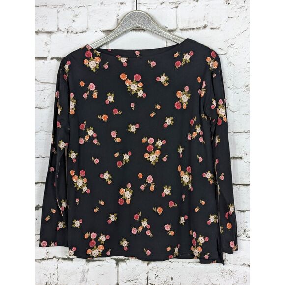 J. JILL Luxe Supima Floral Boat-Neck Long Sleeve Tee Black Boho Feminine Small - Picture 1 of 8